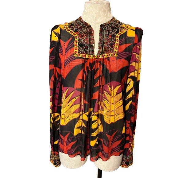 Anthropologie Nieves Lavi Top Red Black Yellow Medium M Beaded Long Sleeve Silk - Picture 1 of 10